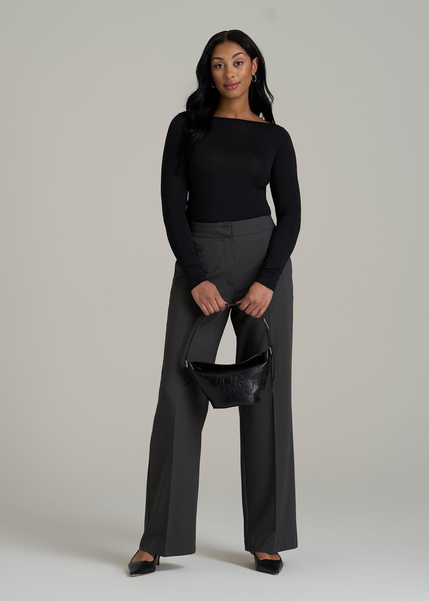 Flat Front Wide Leg Dress Pants for Tall Women in Graphic Charcoal Female Product Image