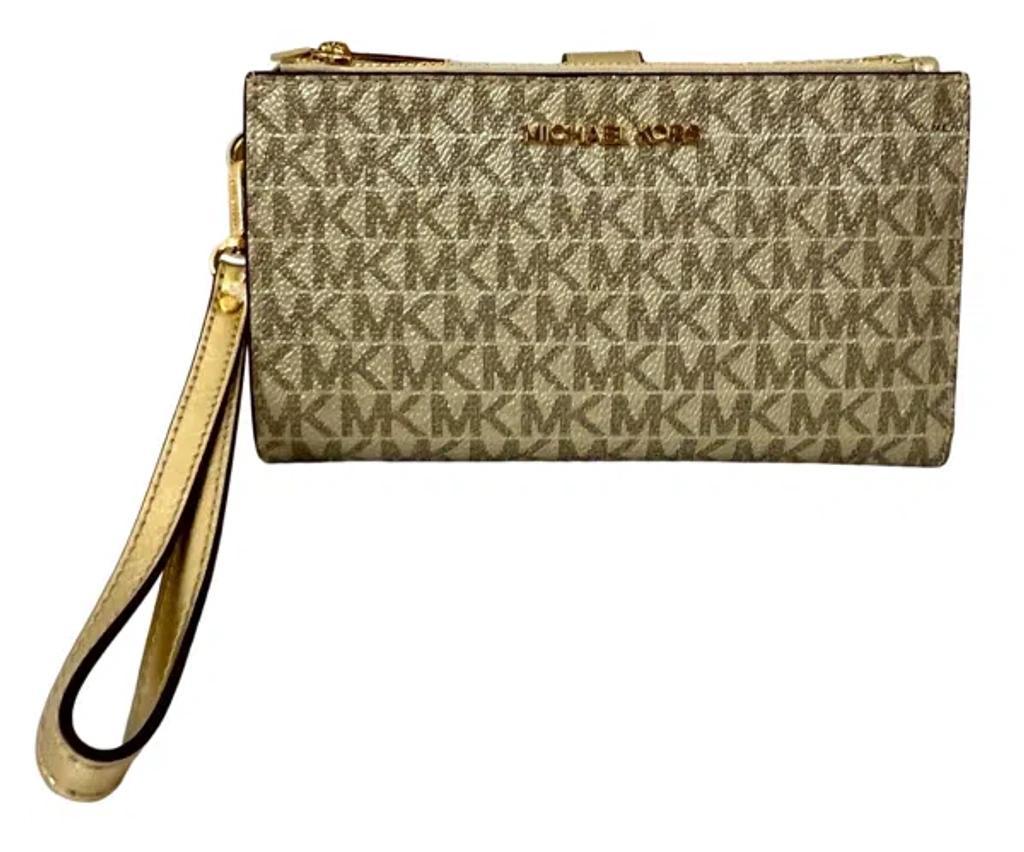 MICHAEL KORS Jet Set Travel Mk Metallic Signature Double Zi Hone Case Wristlet In Pale Gold Mk/gold Product Image