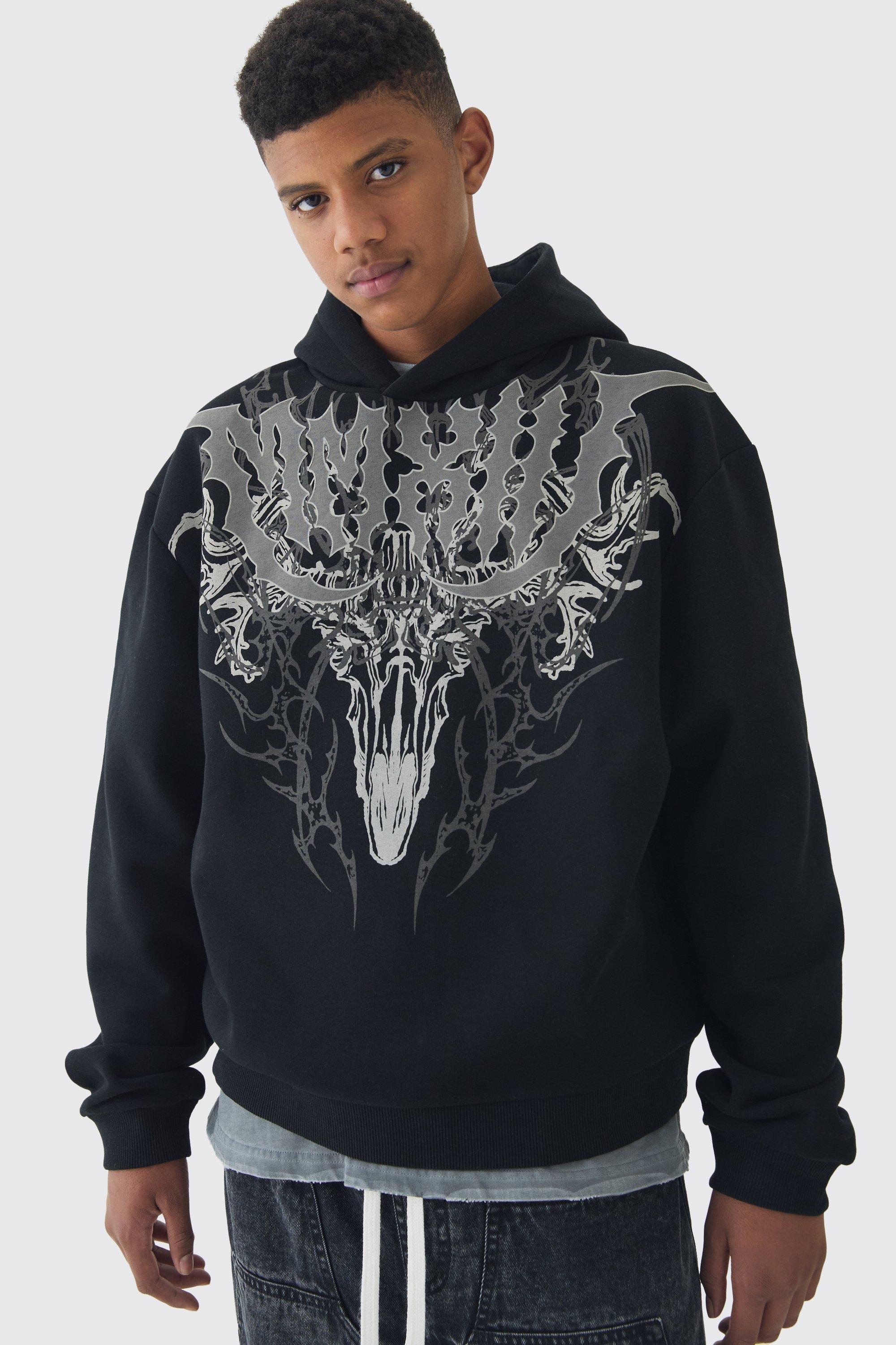 Tall Oversized Boxy Gothic Large Scale Print Hoodie | boohooMAN USA Product Image