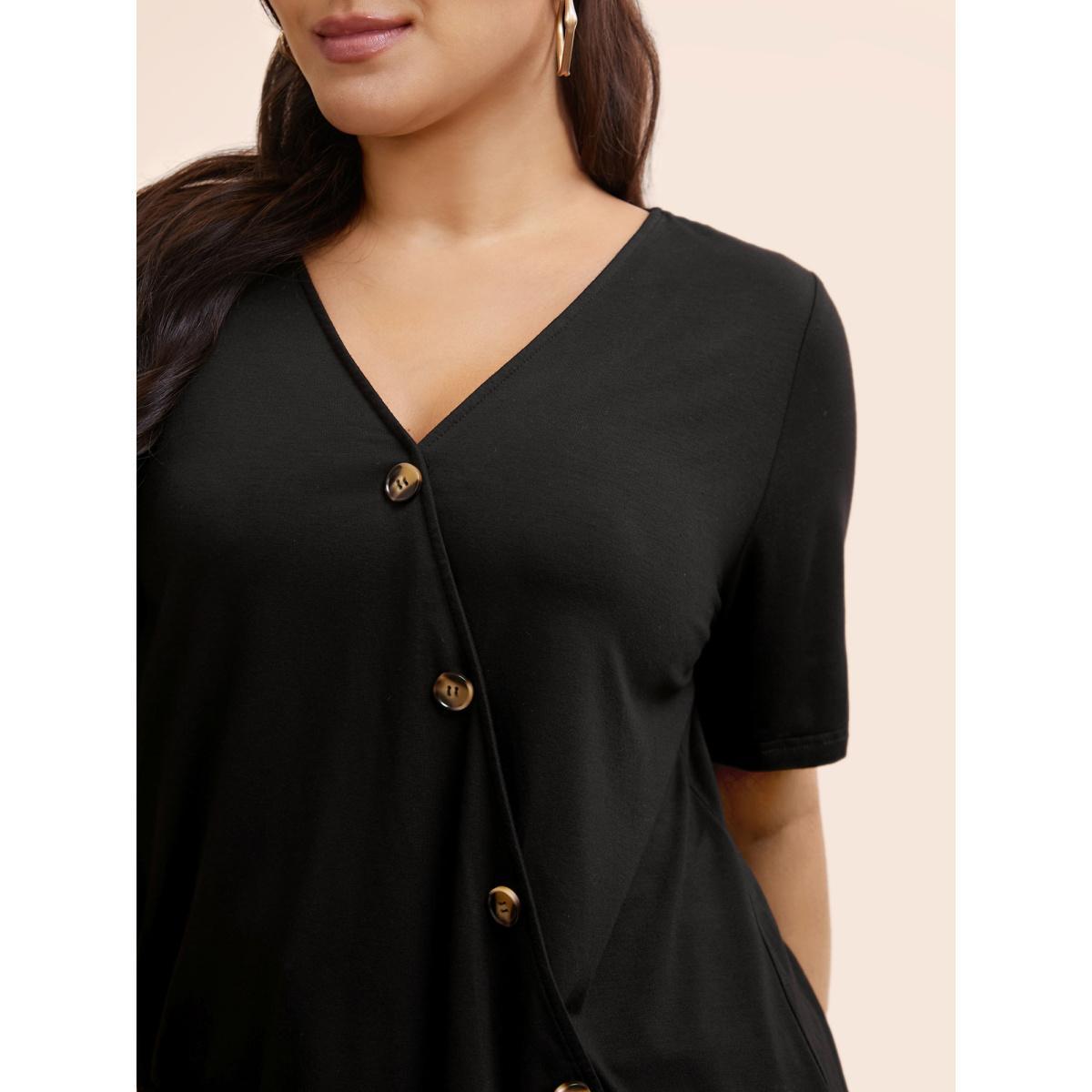 Plus Size Plain V Neck Button Detail Flutter Sleeve T-shirt Black Women Casual Plain Plain V-neck Dailywear T-shirts BloomChic 30/6X Product Image