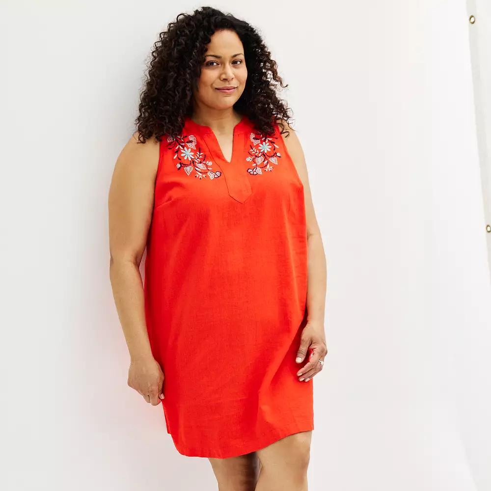 Plus Size Croft & Barrow® Embroidered Split Neck Dress, Women's, Size: 3XL, Lava Flames Product Image
