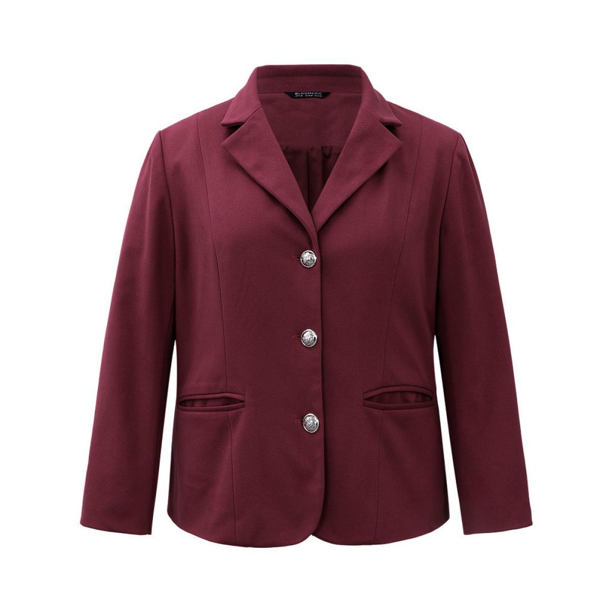Plus Size Solid Button Fly Pocket Suit Collar Blazer Burgundy Women Office Plain Button Sleeve Long Sleeve Suit Collar 28/5X Pocket Elegant Blazers BloomChic Product Image