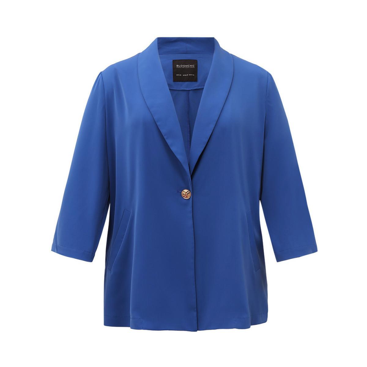 Plus Size Solid Lapel Collar Pocket Blazer Blue Women Work Plain Plain Sleeve Long Sleeve Lapel Collar 10/M Pocket Office Blazers BloomChic Product Image