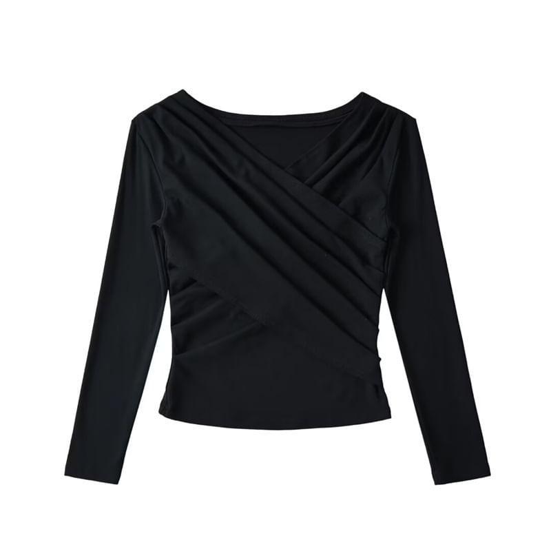 Long Sleeve V-Neck Crisscross Ruched Tee Product Image