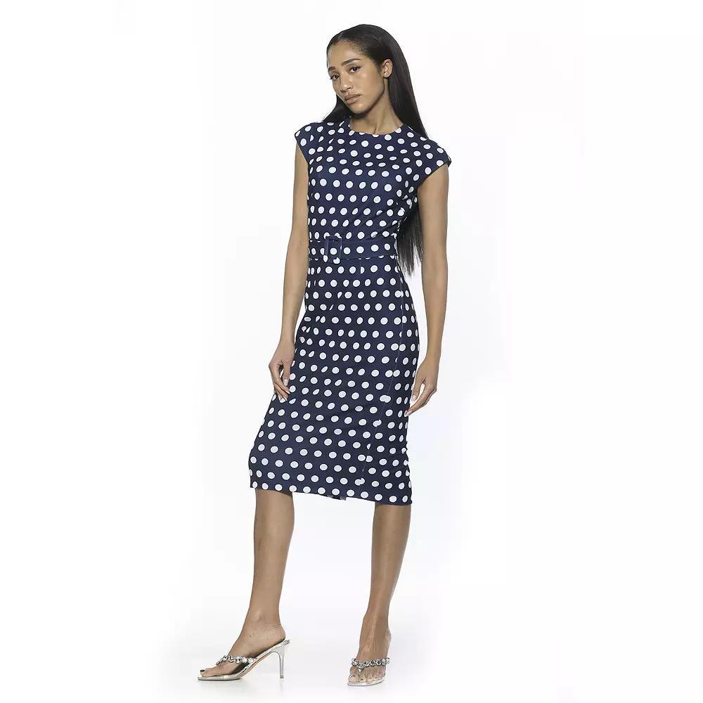 Women's ALEXIA ADMOR Blossom Crewneck Sleeveless Belted Sheath Dress, Size: XS, Blue Polka Dot Product Image