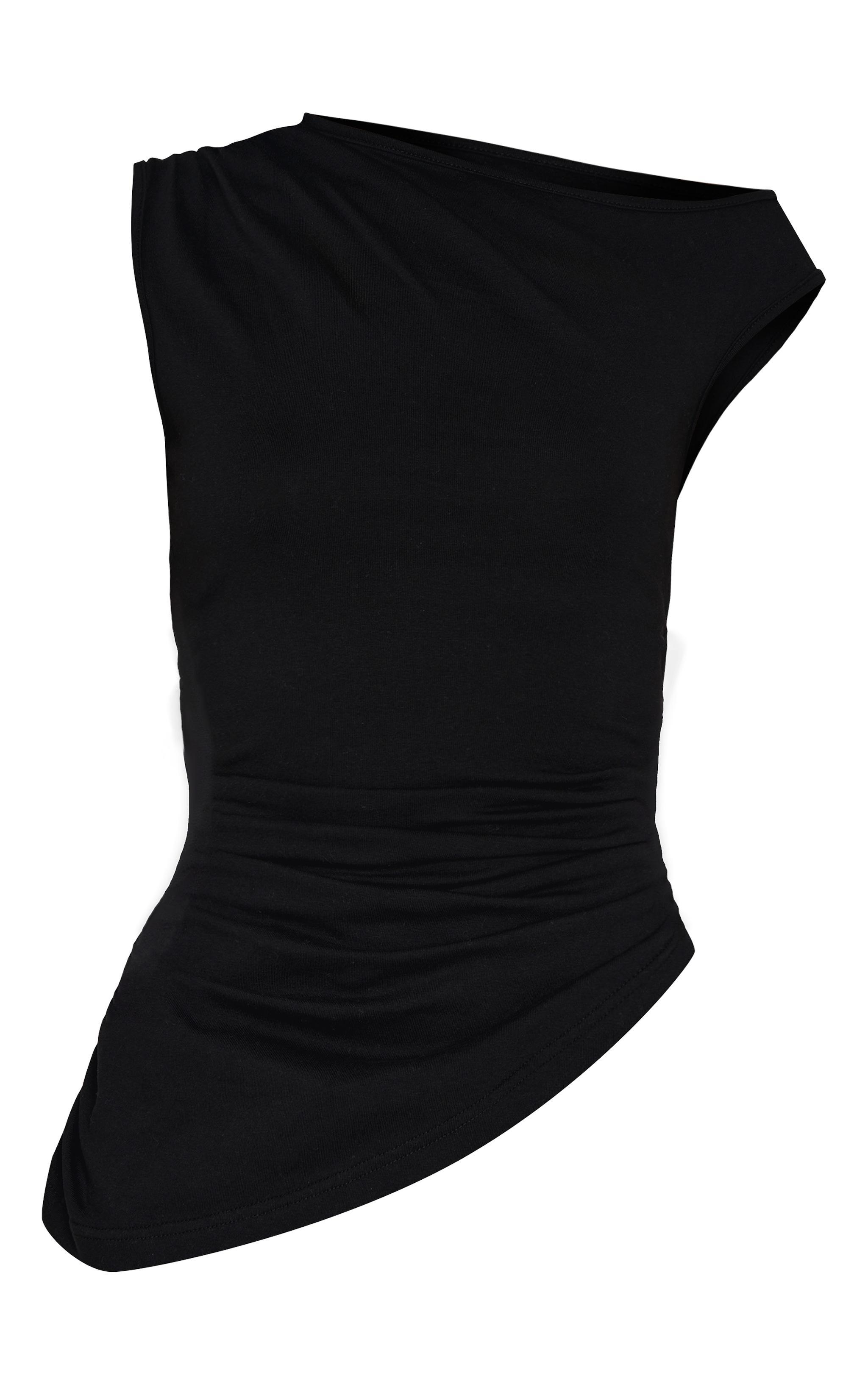 Black Asymmetric Shoulder Ruched Longline Top Product Image