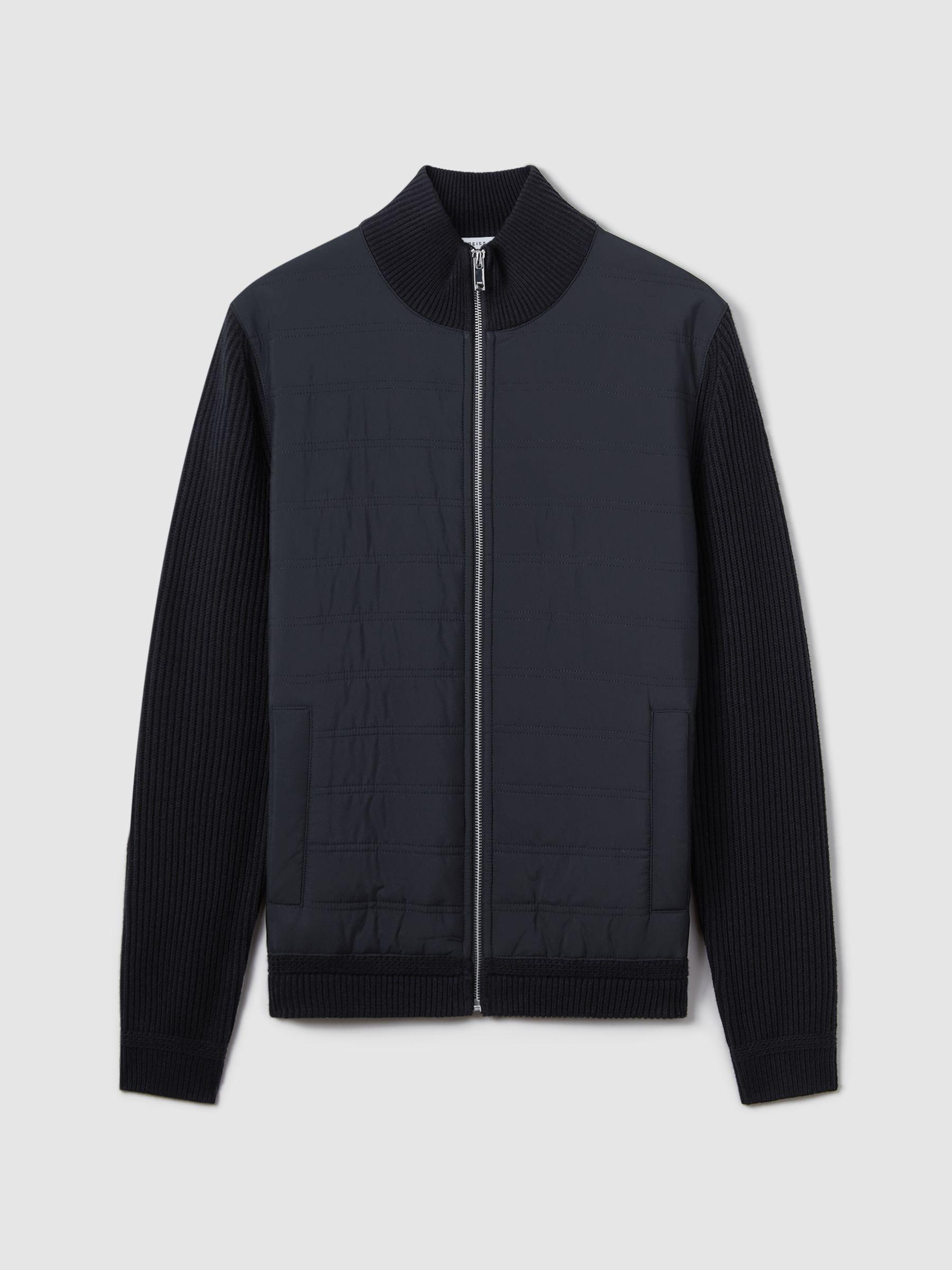 Hybrid Quilt and Knit Zip-Through Jacket in Navy Product Image