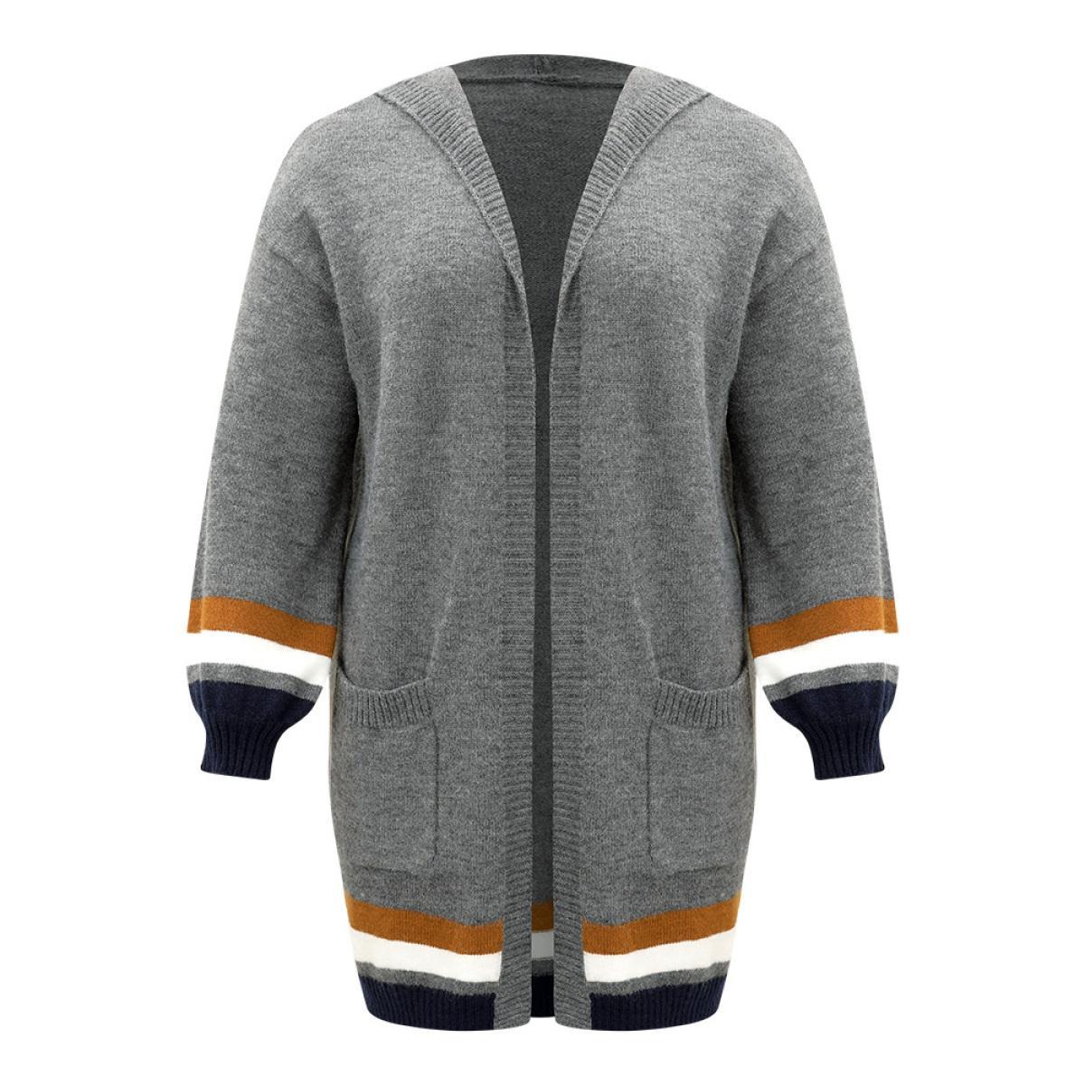 Plus Size Supersoft Essentials Striped Contrast Pocket Hooded Cardigan DimGray Women Casual Loose Long Sleeve Dailywear Cardigans BloomChic 22-24/3X Product Image