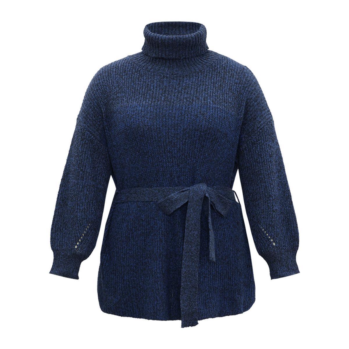 Plus Size Turtle Neck Belted Drop Shoulder Pullover Navy Women Casual Loose Long Sleeve Lapel Collar Dailywear Pullovers BloomChic 10/M Product Image