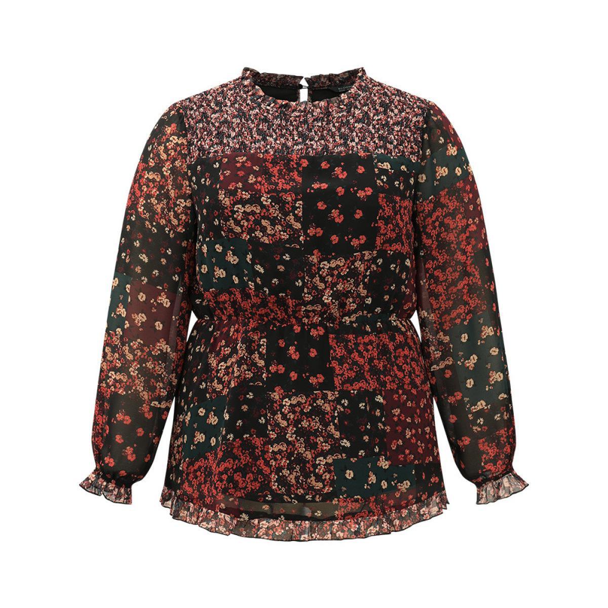 Plus Size BlackFlower Ditsy Floral Shirred Patchwork Frill Trim Gathered Blouse Women Elegant Long Sleeve Stand-up collar Everyday Blouses BloomChic 10/M Product Image