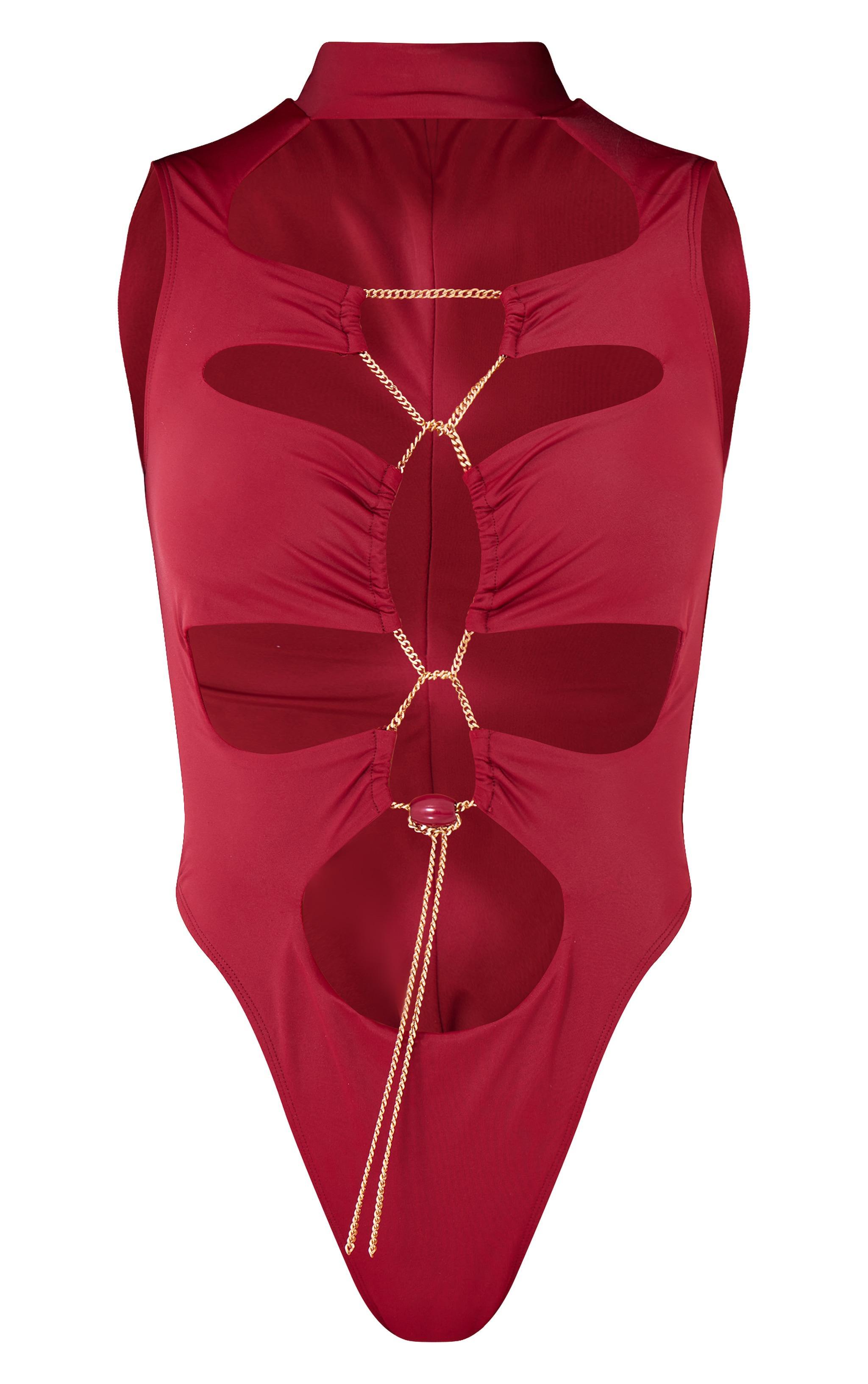 Burgundy Chain Detail Cut Out High Leg Swimsuit Product Image