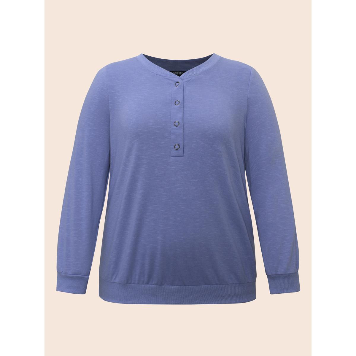 Plus Size Plain Notched Collar Button Up Sweatshirt Women Bluepurple Casual Patchwork Notched collar Everyday Sweatshirts BloomChic 10/M Product Image