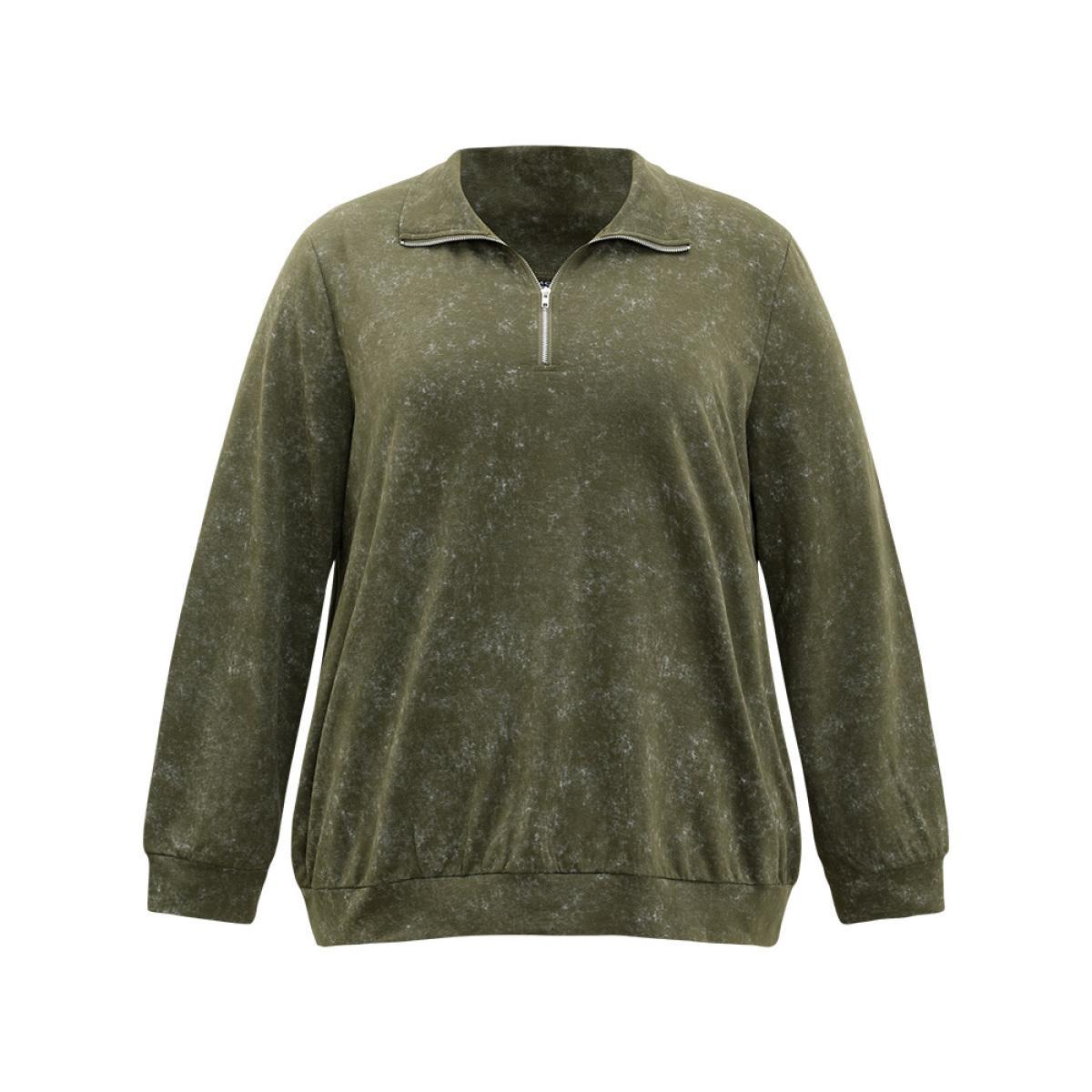 Plus Size Lapel Collar Zipper Elastic Hem Sweatshirt Women ArmyGreen Casual Elastic cuffs Lapel Collar Dailywear Sweatshirts BloomChic 26/4X Product Image