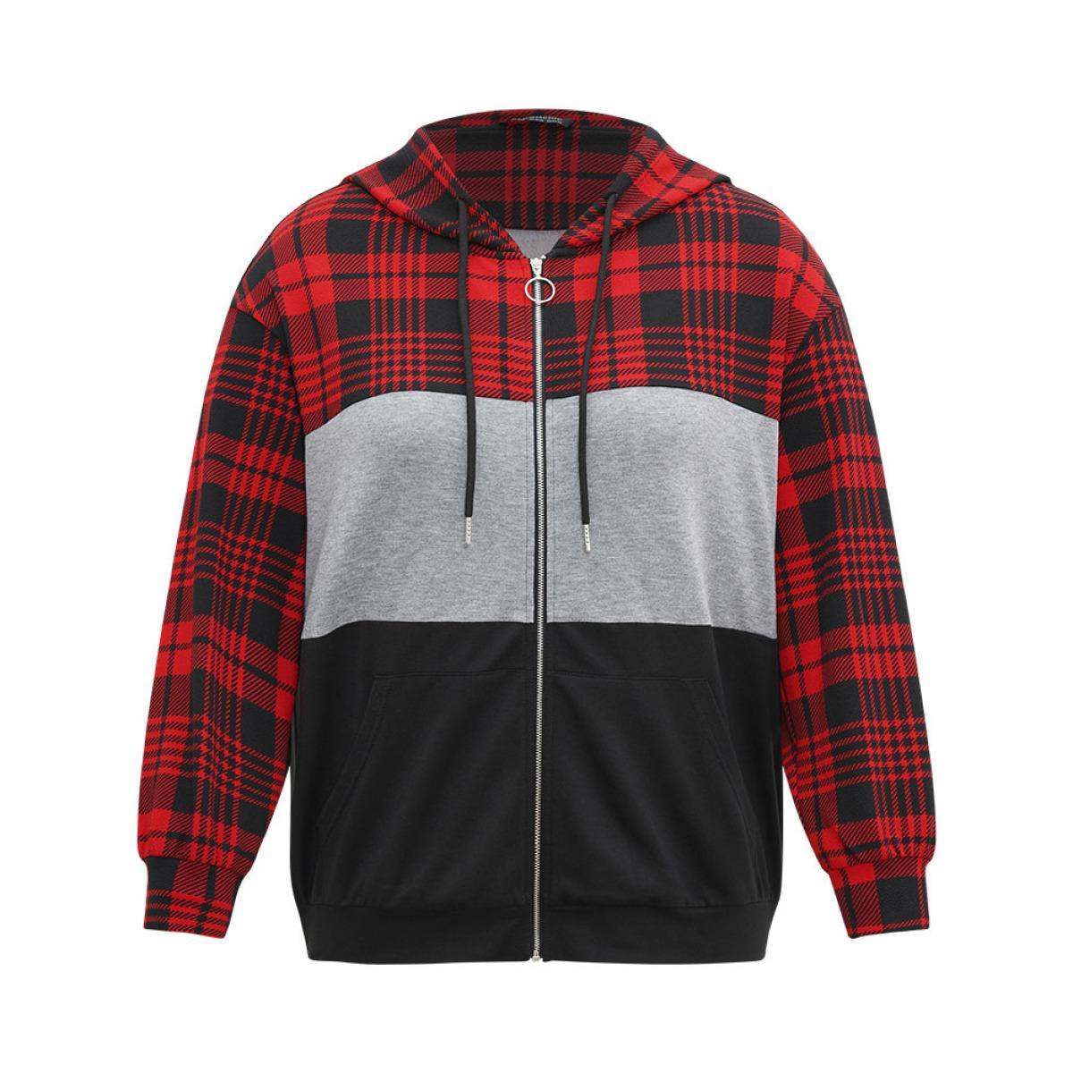 Plus Size Plaid Contrast Patchwork Drawstring Zipper Jacket Women Raspberry Contrast Pocket Dailywear Jackets BloomChic 12/L Product Image