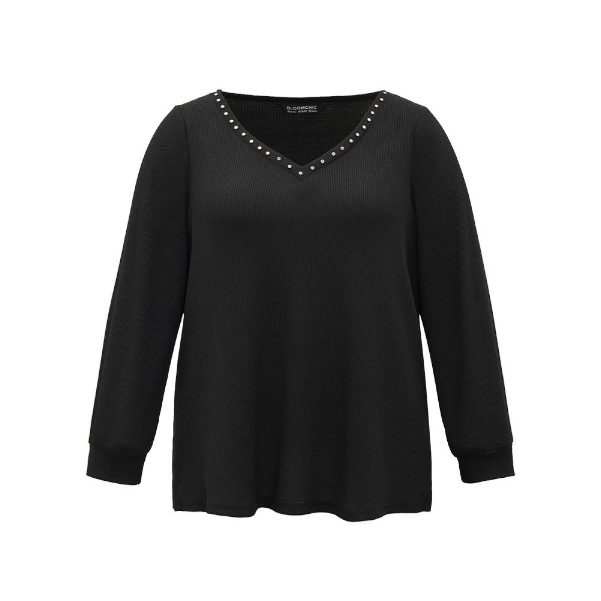 Plus Size Plain Rivets V Neck Elastic Cuffs Sweatshirt Women Black Casual Elastic cuffs V-neck Dailywear Sweatshirts BloomChic 22-24/3X Product Image
