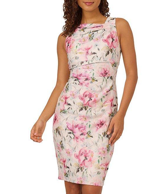 Adrianna Papell Jacquard Floral Print Asymmetrical Neck Sleeveless Sheath Mini Dress Product Image