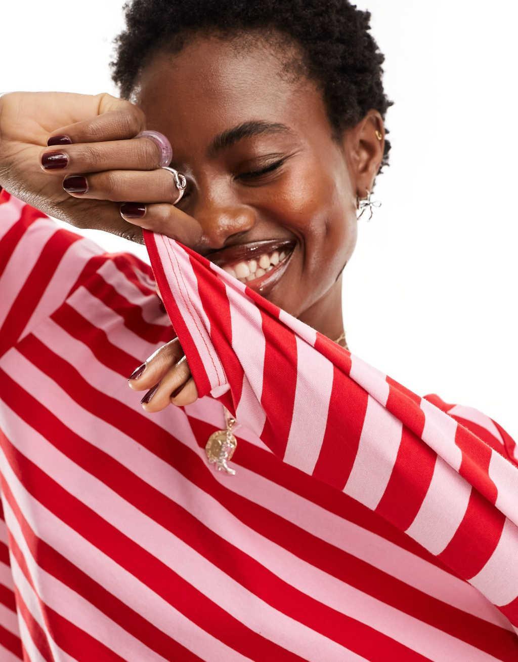 Monki long sleeve top in red and pink stripes Product Image