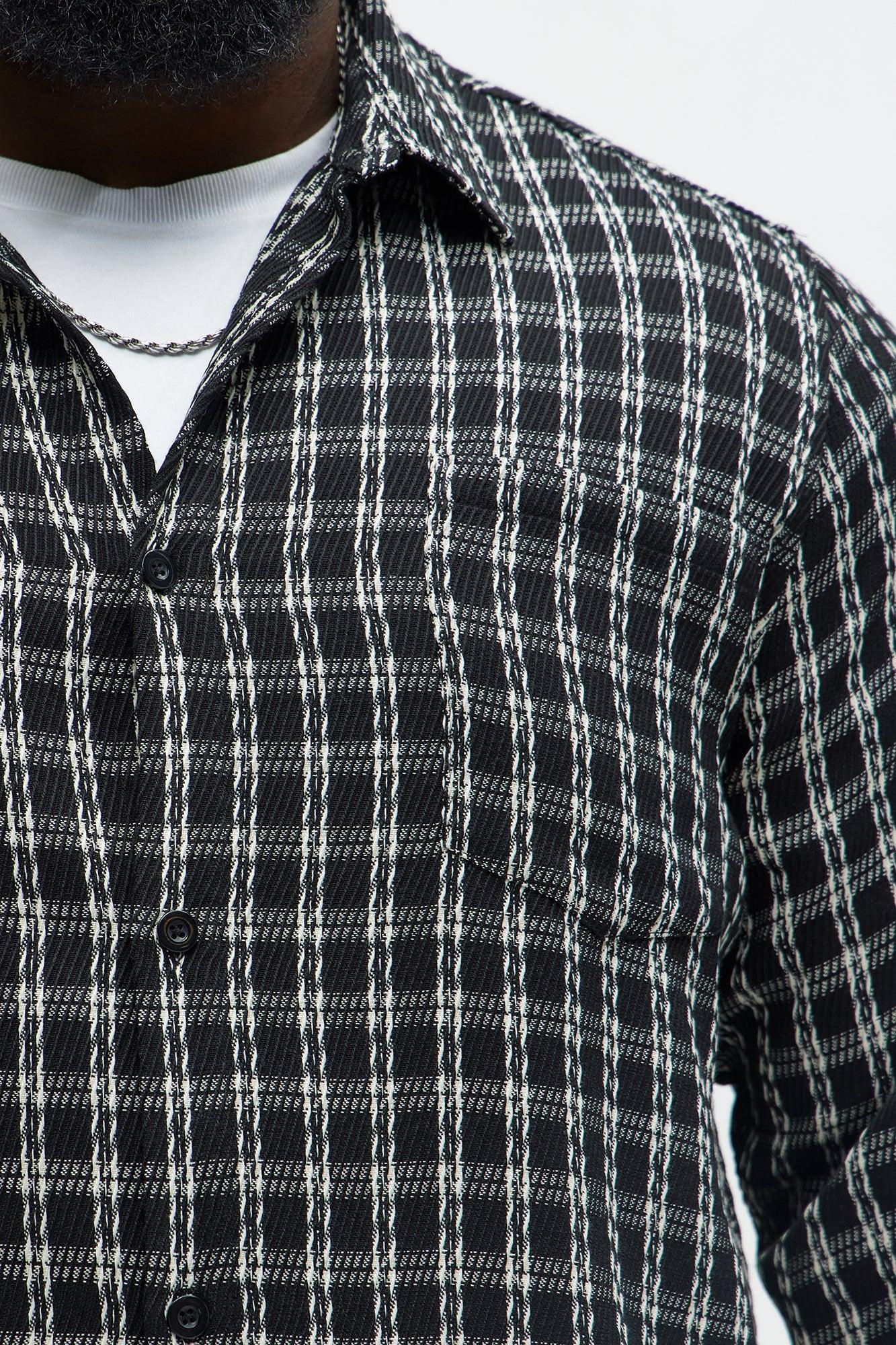 Jacquard Twill Plaid Long Sleeve Button Up - Black/White Product Image