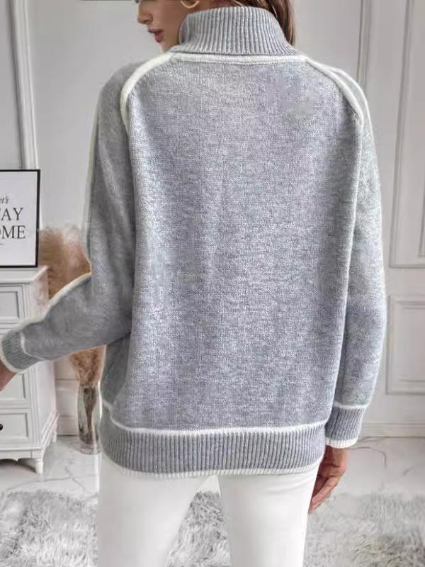 Long Sleeves Loose Contrast Color Split-Joint High Neck Sweater Tops Product Image