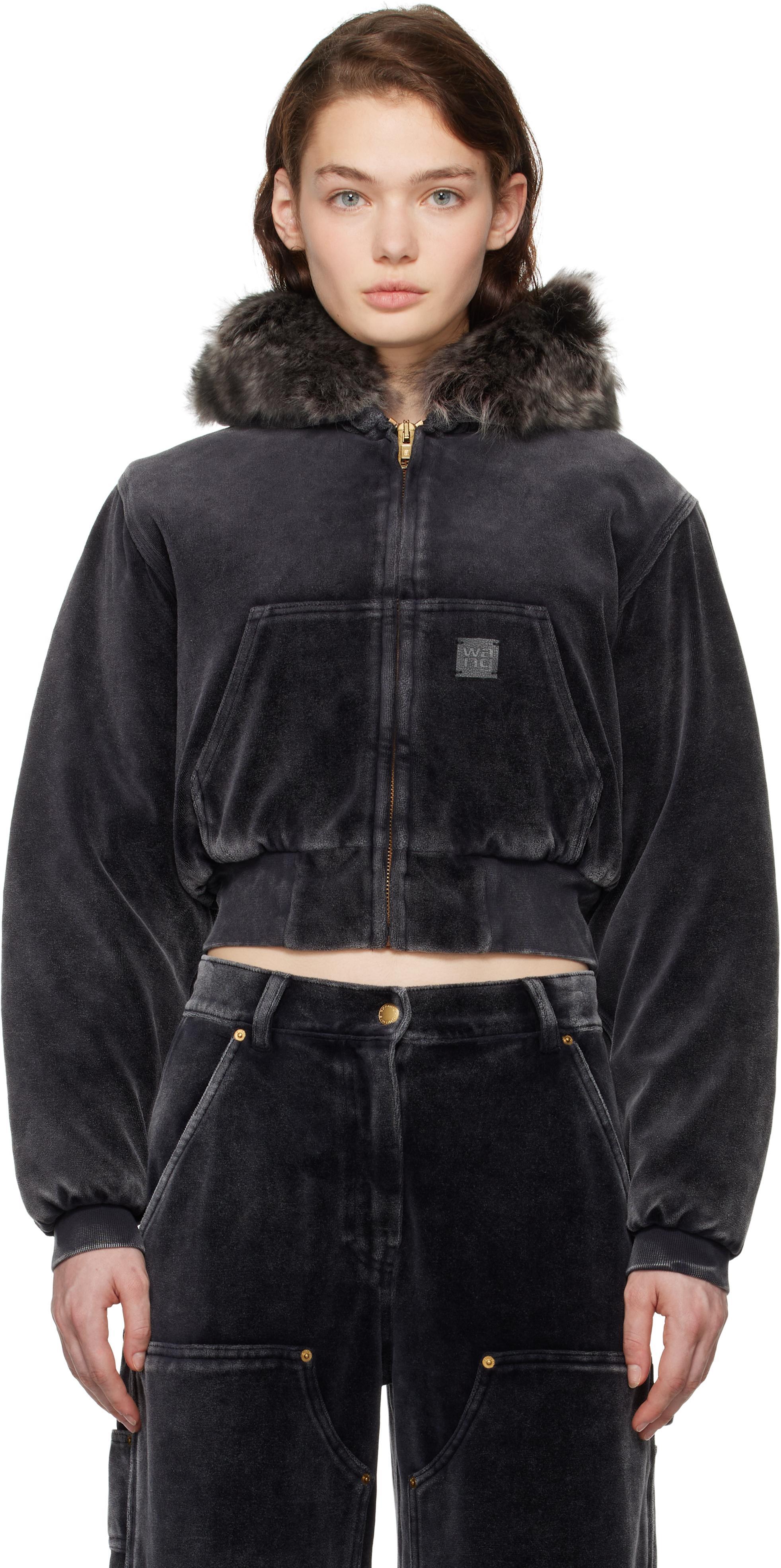 ALEXANDER WANG T Alexanderwang. T Faux Fur Trim Cropped Hoodie In 066a Washed Slate Product Image