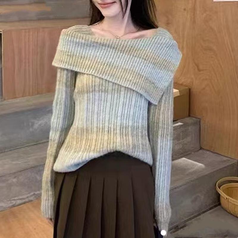 Long-Sleeve Boat Neck Striped Ribbed Knit Top Product Image