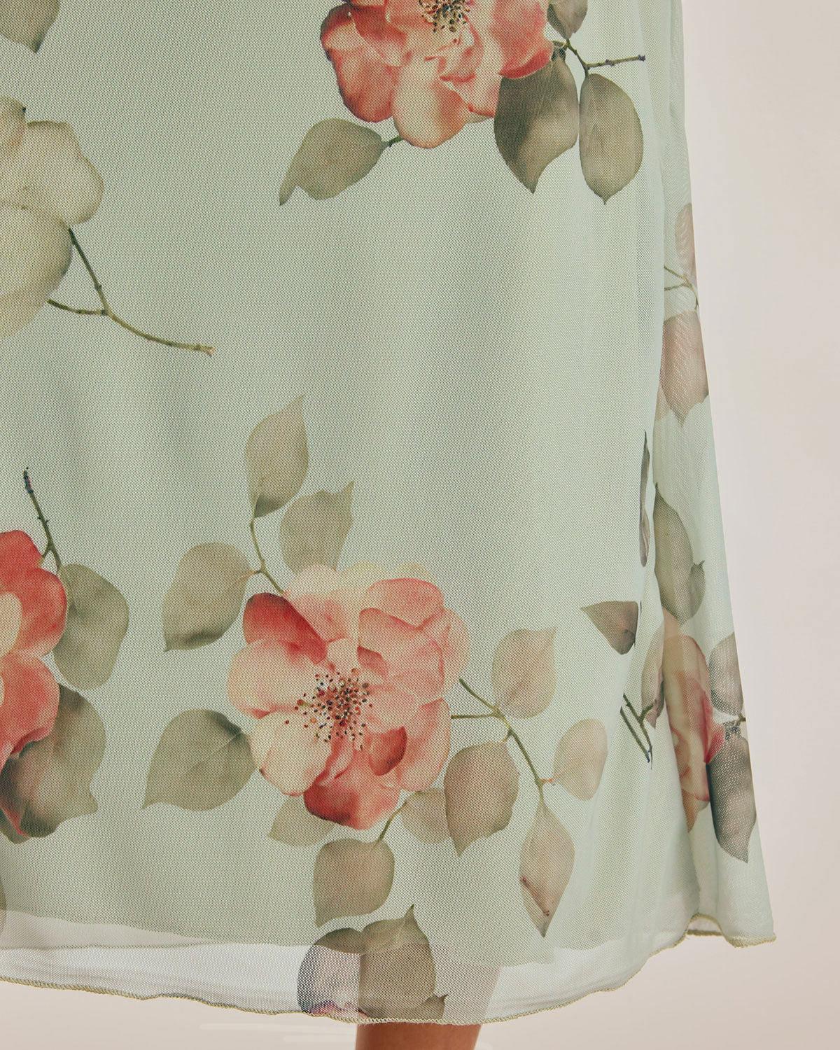 Green Floral Elastic Waist Straight Midi Skirt Product Image