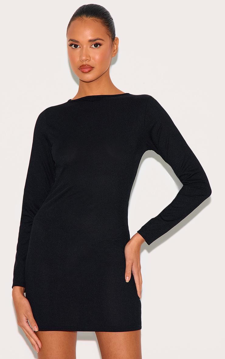 Black Ribbed Long Sleeve Bodycon Dress Product Image