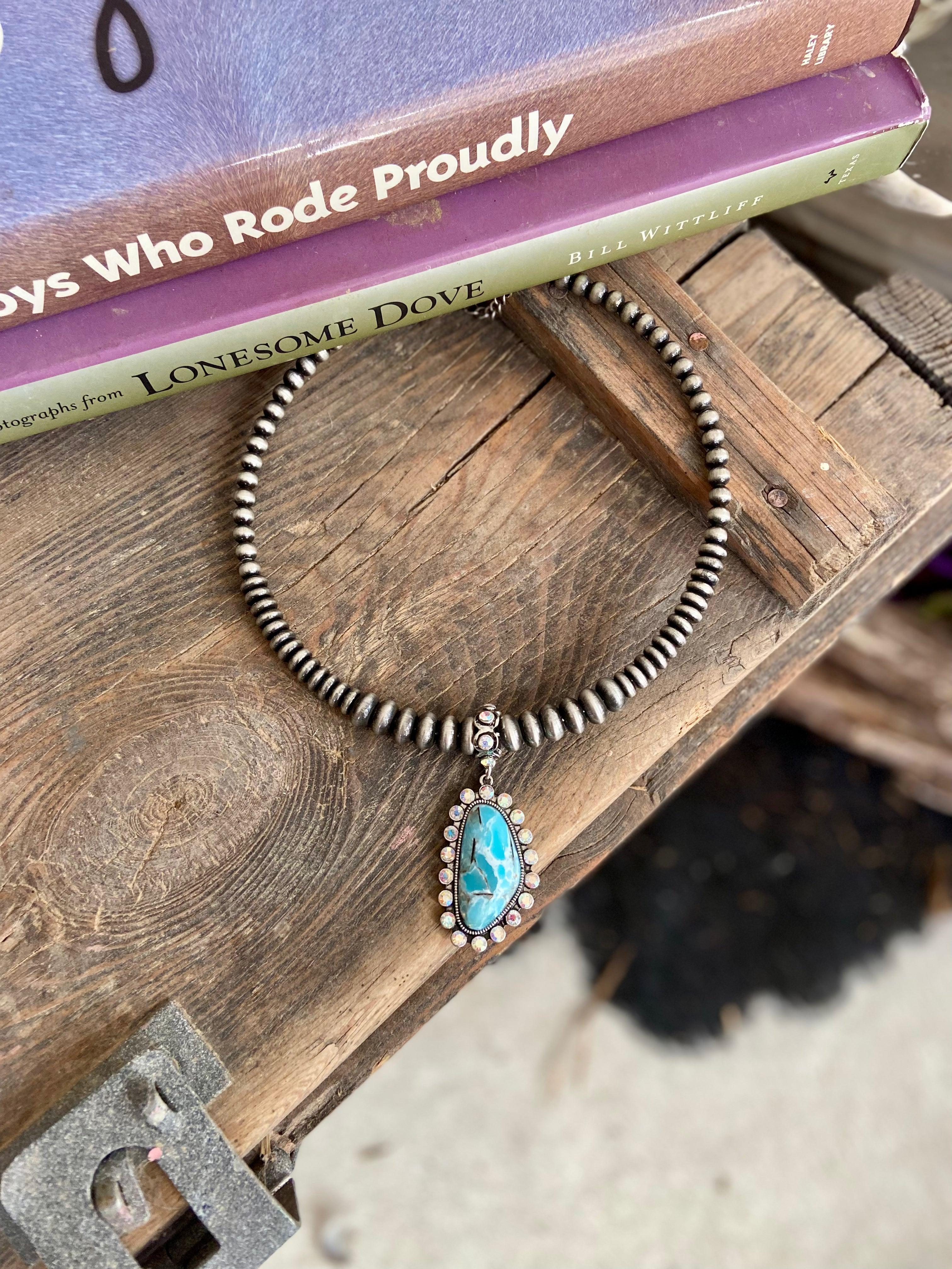 Silver Navajo Inspired Beaded Coil Choker Necklace With Rhinestone and Turquoise Pendant - 2 Pendant Styles Available Product Image