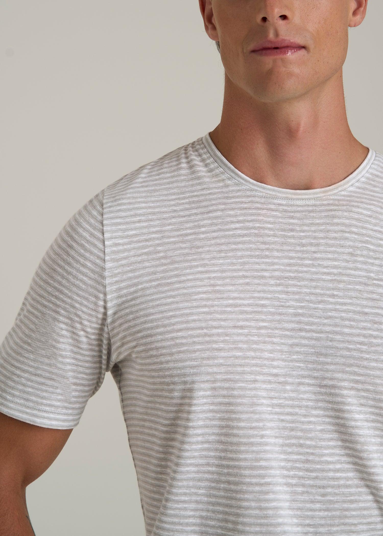 Linen Crewneck T-Shirt for Tall Men in Grey and White Mini Stripe Male Product Image