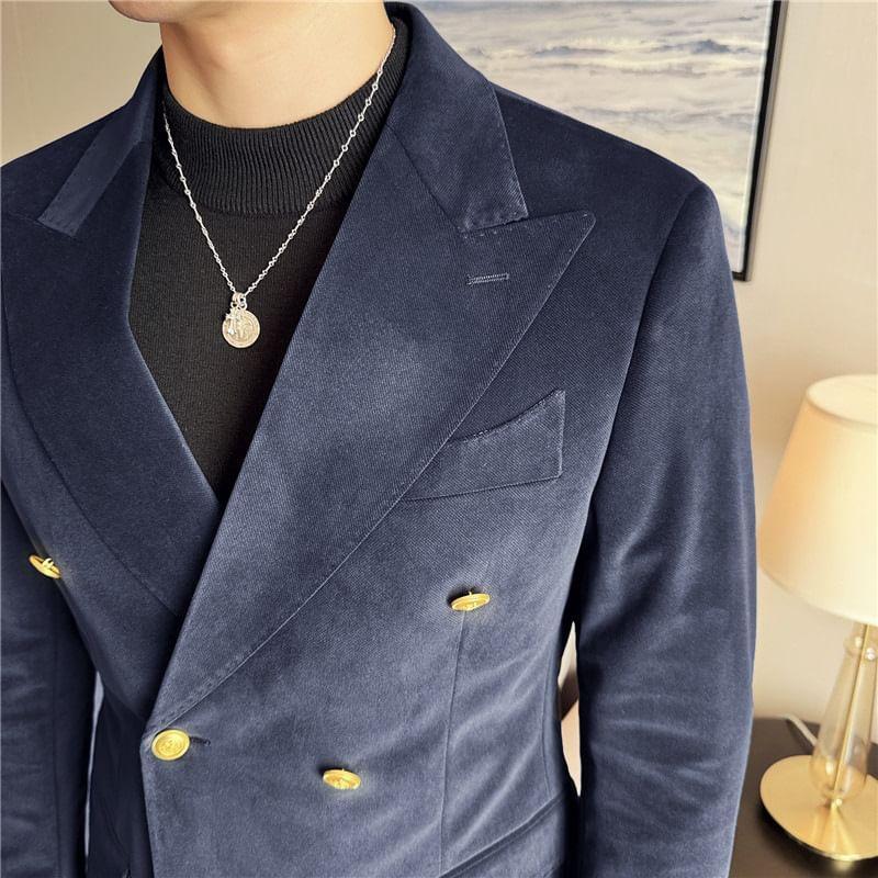 Set: Peak Lapel Plain Double-Breasted Blazer + High Waist Cropped Tapered Pants Product Image