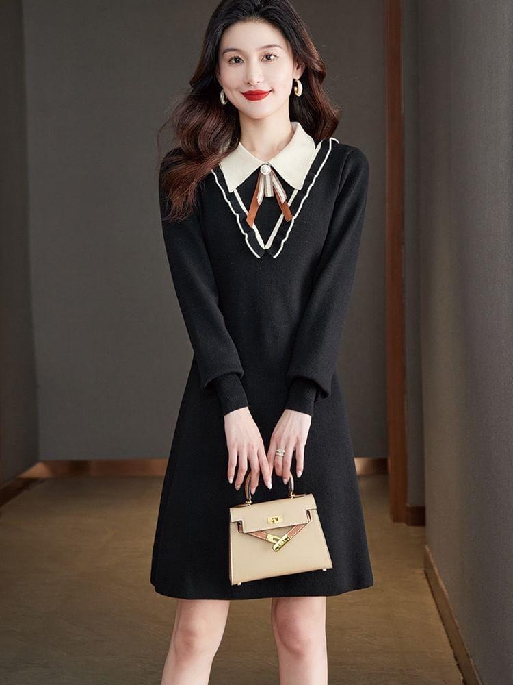 Long Sleeve Collared Bowknot Mini A-Line Dress Product Image