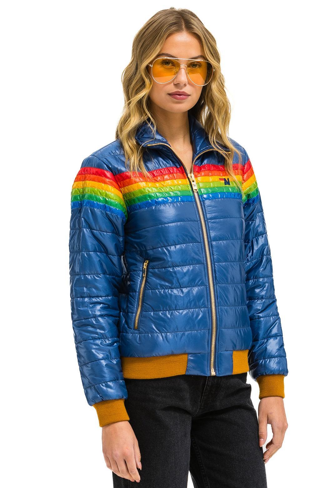 6 STRIPE RAINBOW SLEEVE JACKET -  GLOSSY DEEP BLUE Female Product Image