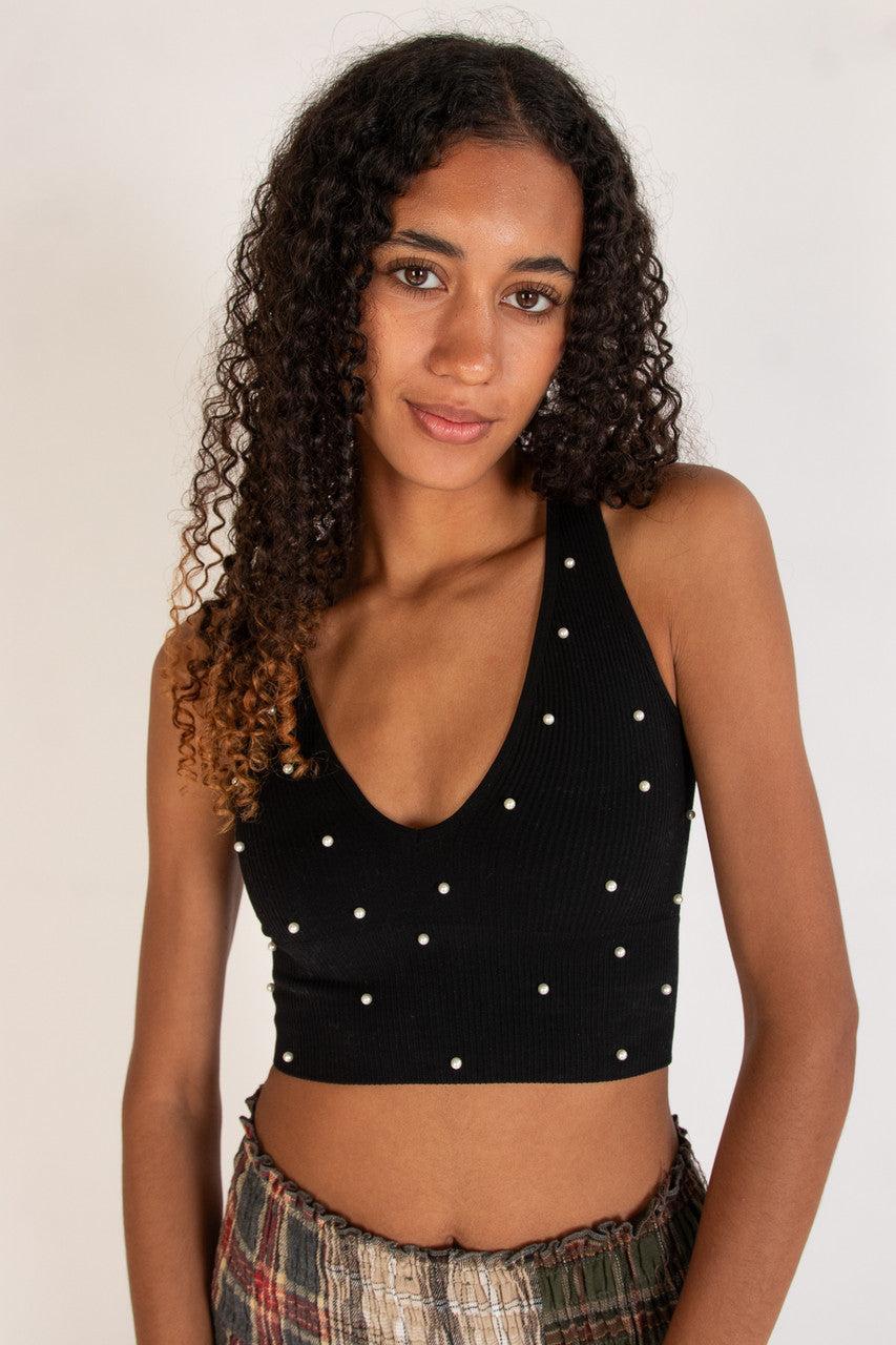 Pearl Detail Deep V Crop Tank Product Image