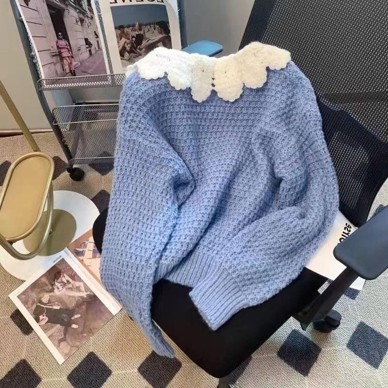 Long-Sleeve Scallop Edge Collar Plain Bow Sweater Product Image