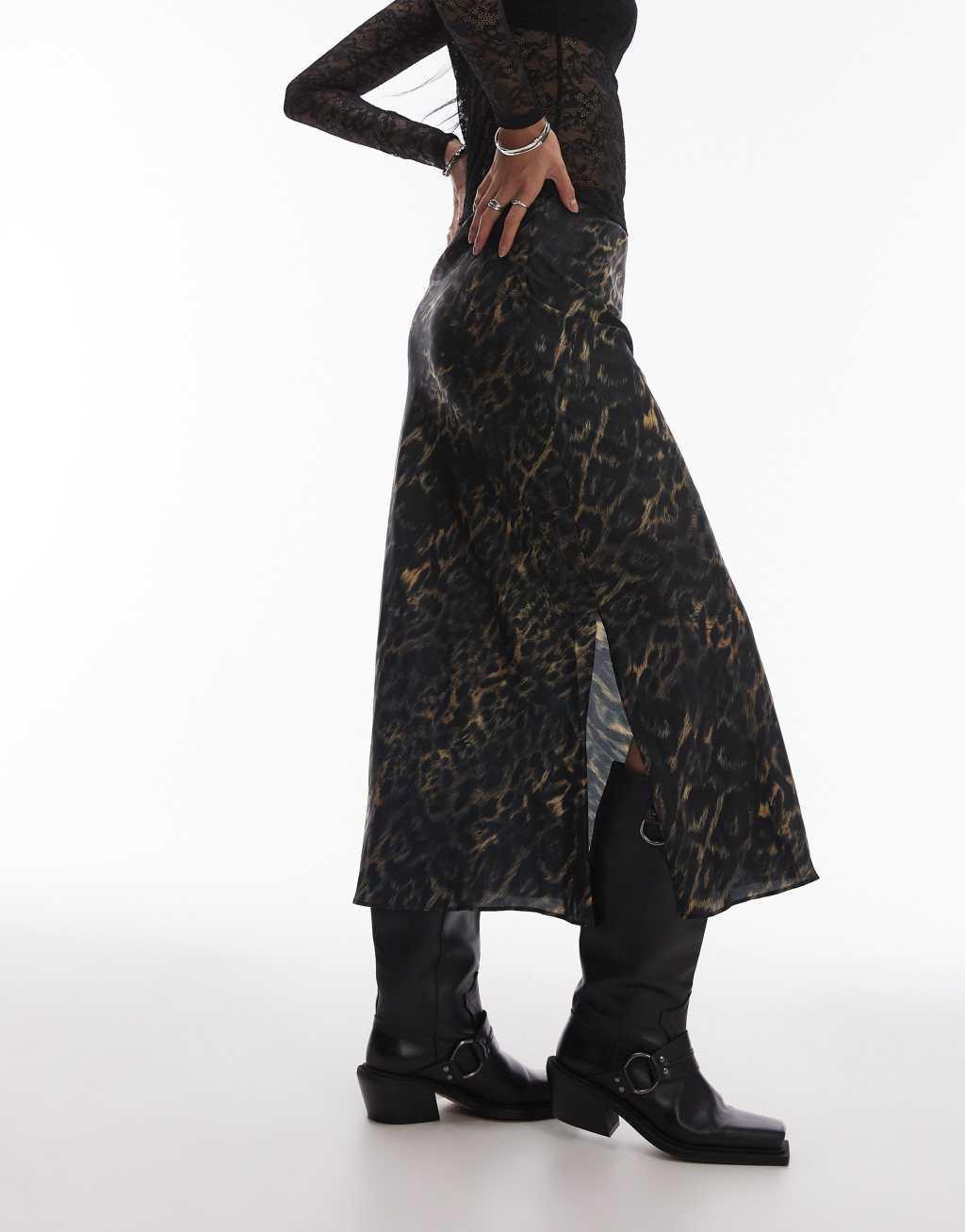 AllSaints Bryony satin maxi skirt in leopard print Product Image