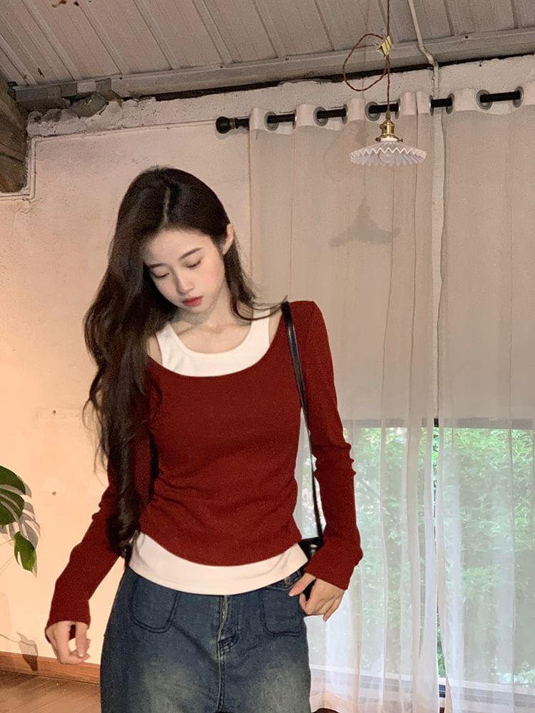 Long Sleeve Square Neck Mock Two Piece Tee Product Image