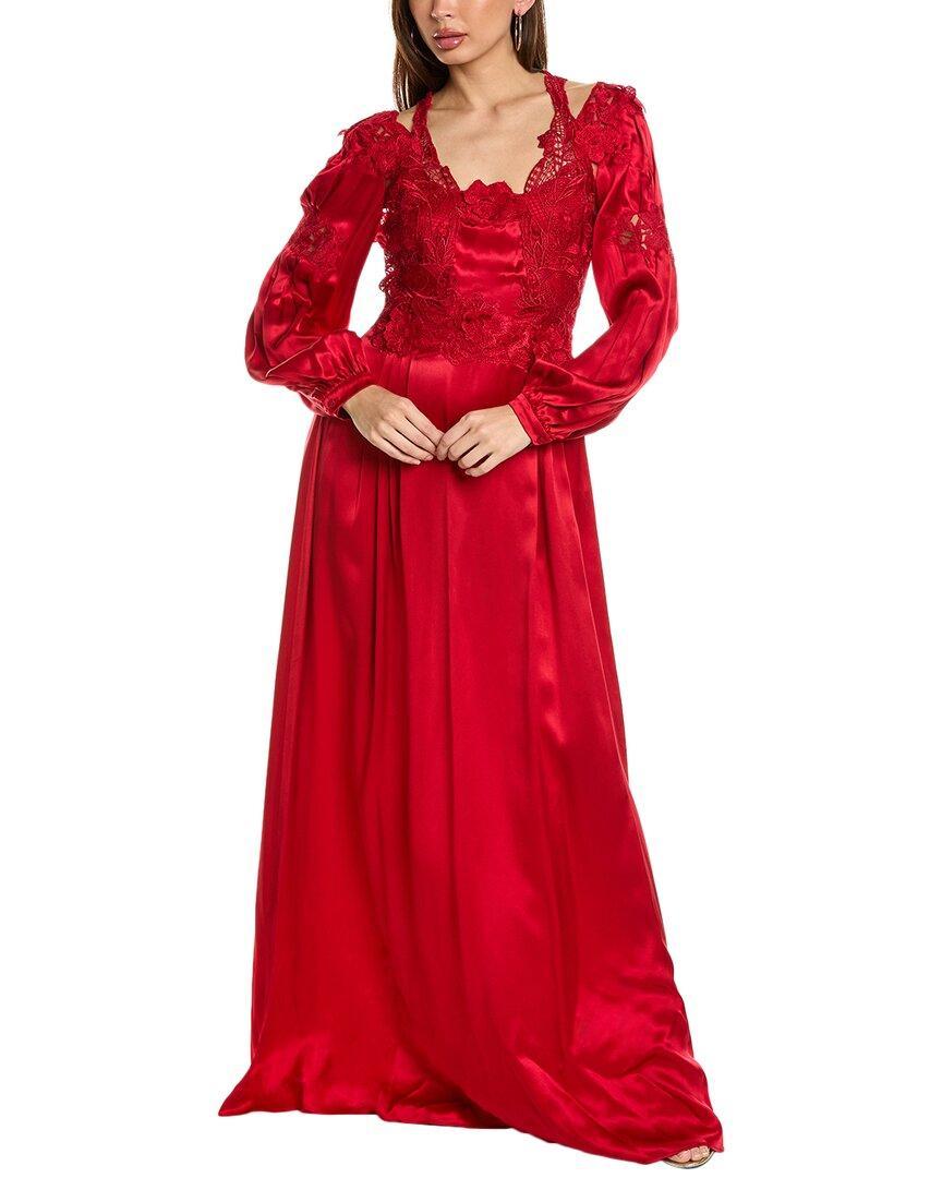 ALBERTA FERRETTI Lace Trim Silk Gown In Red Product Image