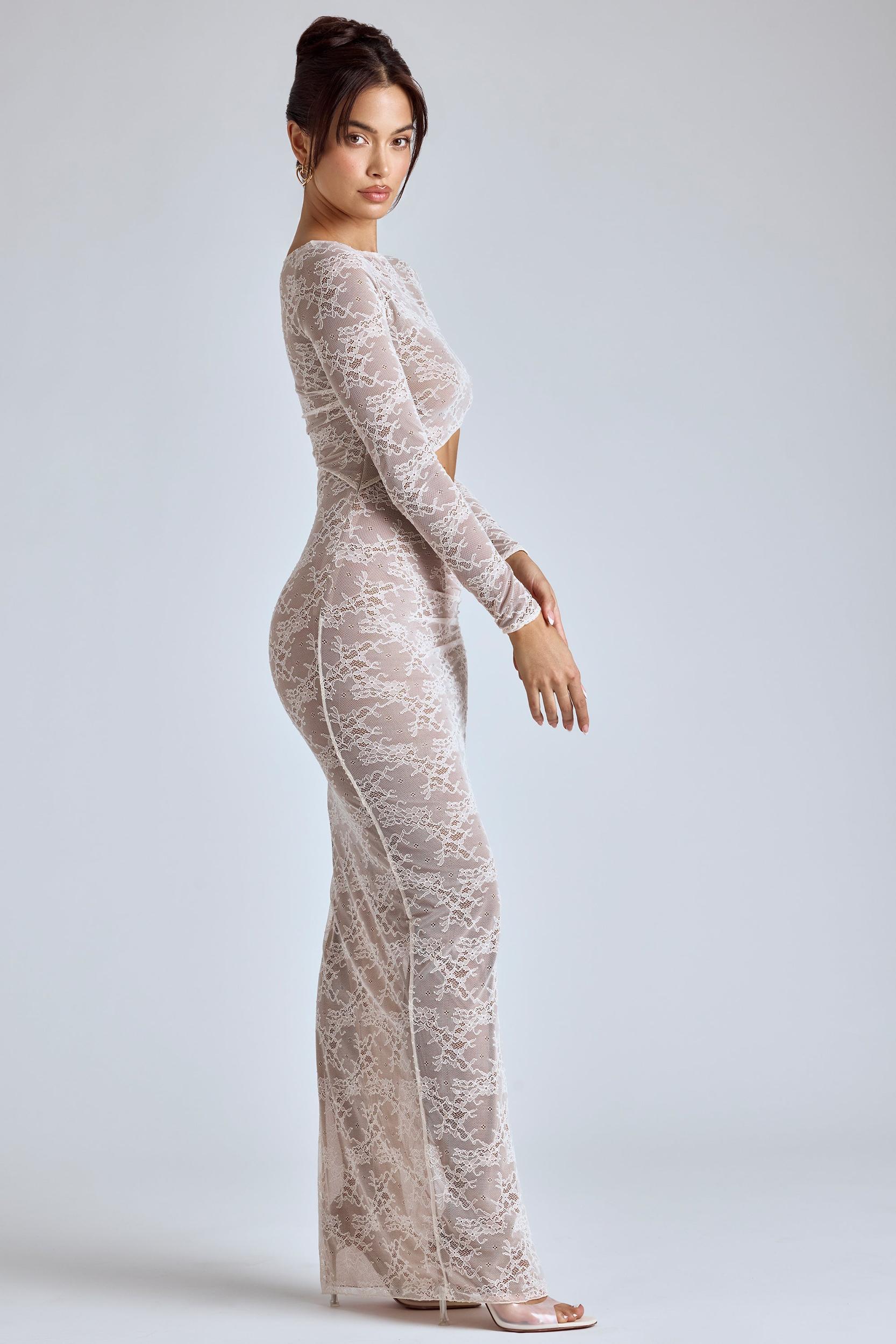 Lace Long Sleeve Maxi Dress in Ivory Product Image