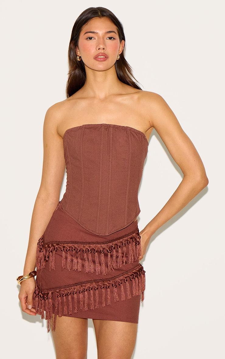 Chocolate Linen Tassle Detail Mini Skirt Product Image