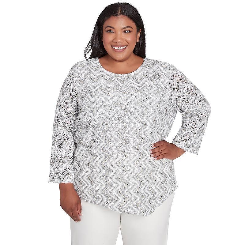 Plus Size Alfred Dunner Spliced Crewneck Wavy Stripe Top, Women's, Size: 1XL, Grey Team Product Image