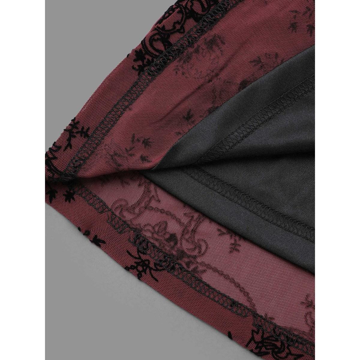 Plus Size Burgundy Boho Print Flocking Mesh Blouse Women Elegant Elbow-length sleeve Flat collar with V-notch Everyday Blouses BloomChic 10/M Product Image