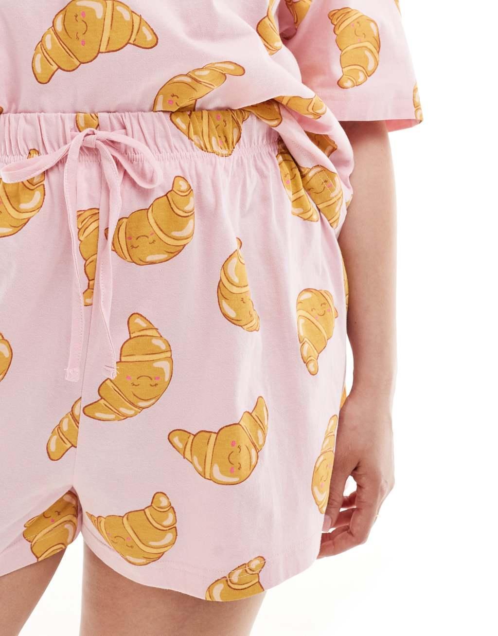 ASOS DESIGN Curve croissant oversized tee & shorts pajama set in pink Product Image