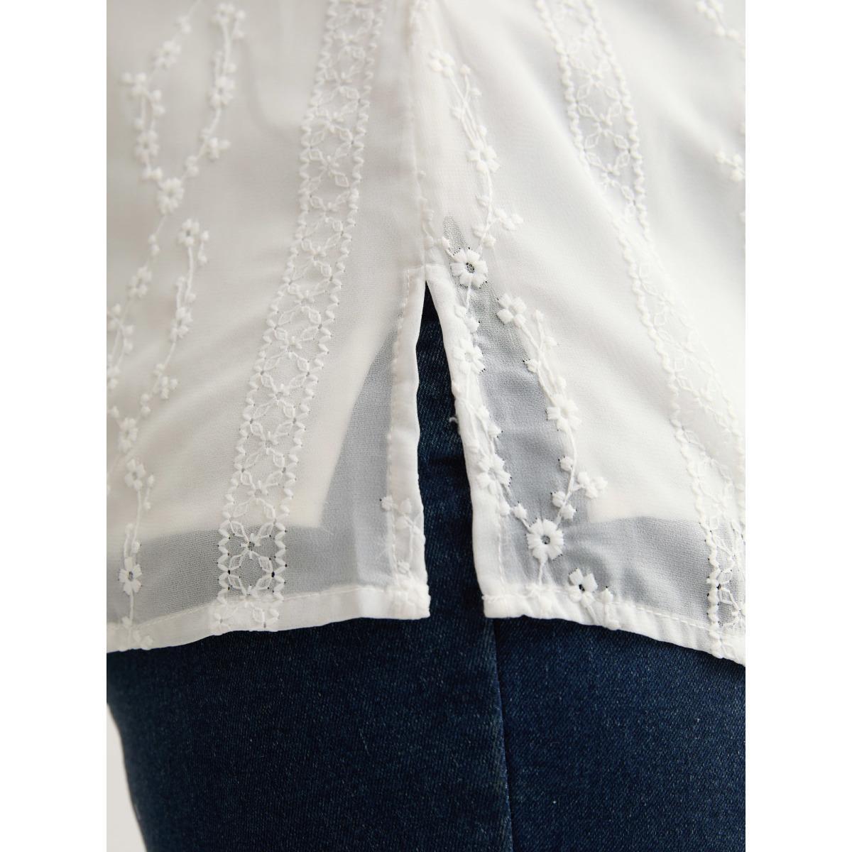 Plus Size Originalwhite Texture Mesh Button Detail Tucked Seam Blouse Women Timeless Elbow-length sleeve V-neck Elegant Blouses BloomChic 28/5X Product Image