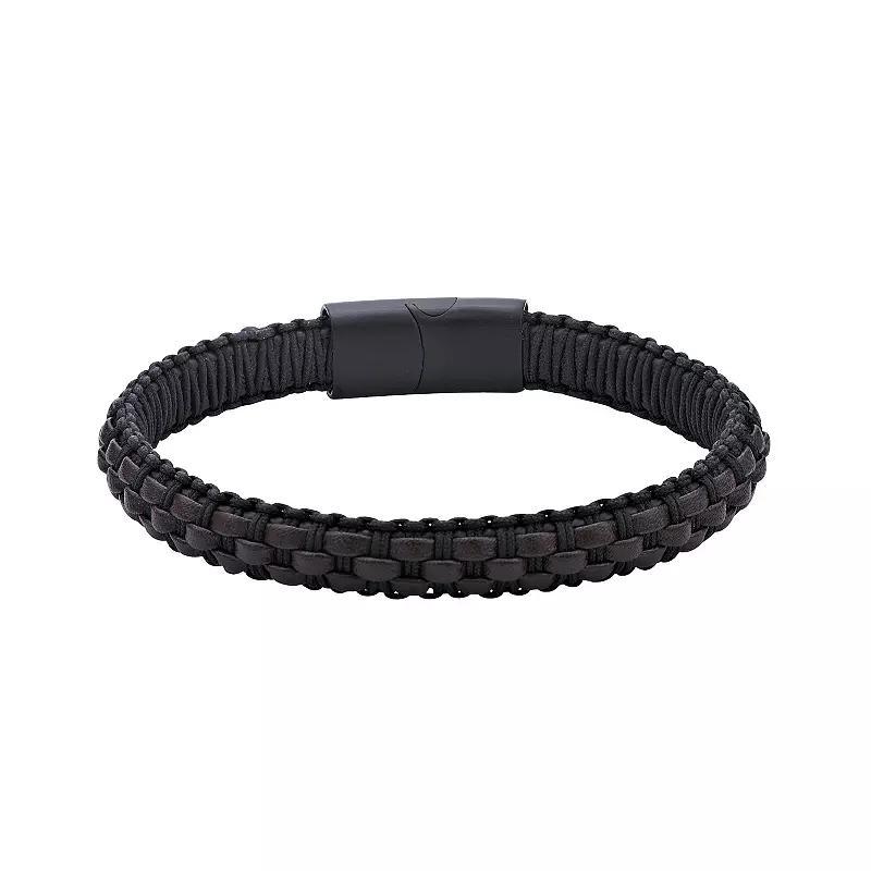 LYNX Mens Dark Brown Leather Braided Bracelet Stainless Product Image