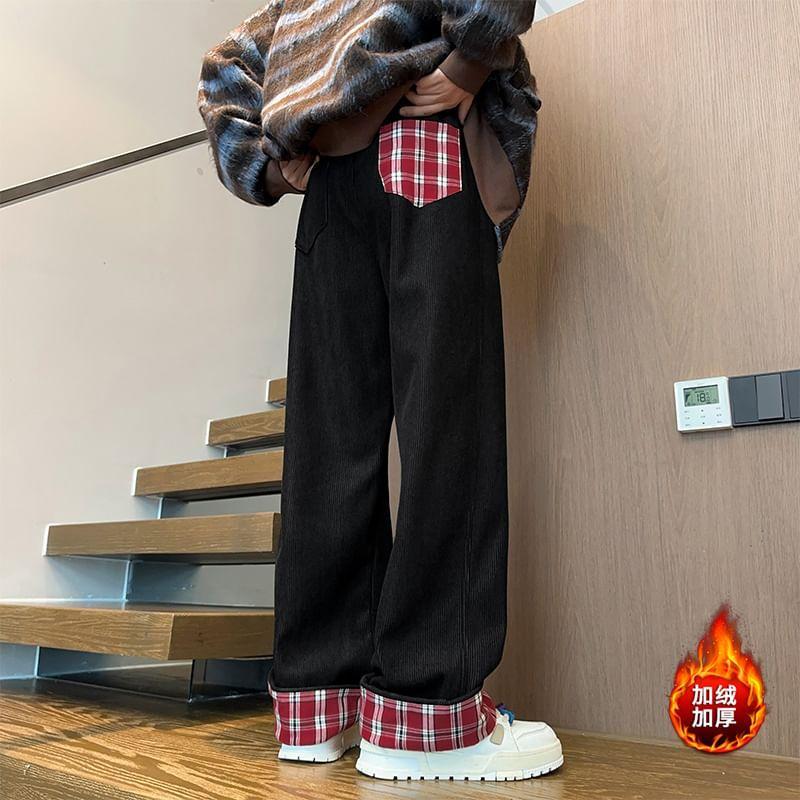 Drawstring Waist Plaid Panel Fleece-Lined Corduroy Loose Fit Pants Product Image