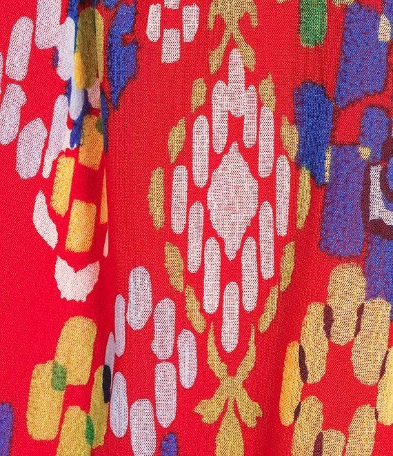 Calessa Plus Size Mesh Knit Ikat Printed Square Neck Elbow Sleeve Tunic Product Image