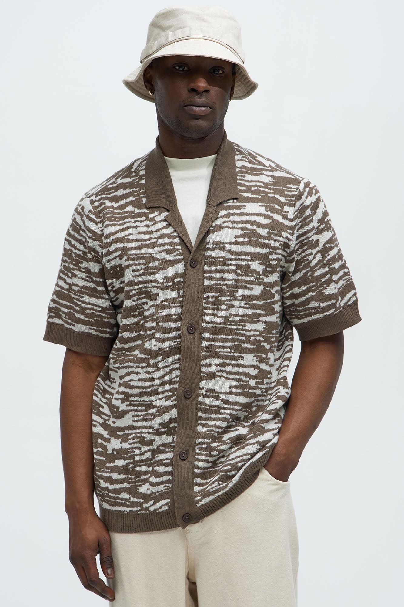 Zebra Pattern Knit Button Down Shirt - Brown Combo Product Image