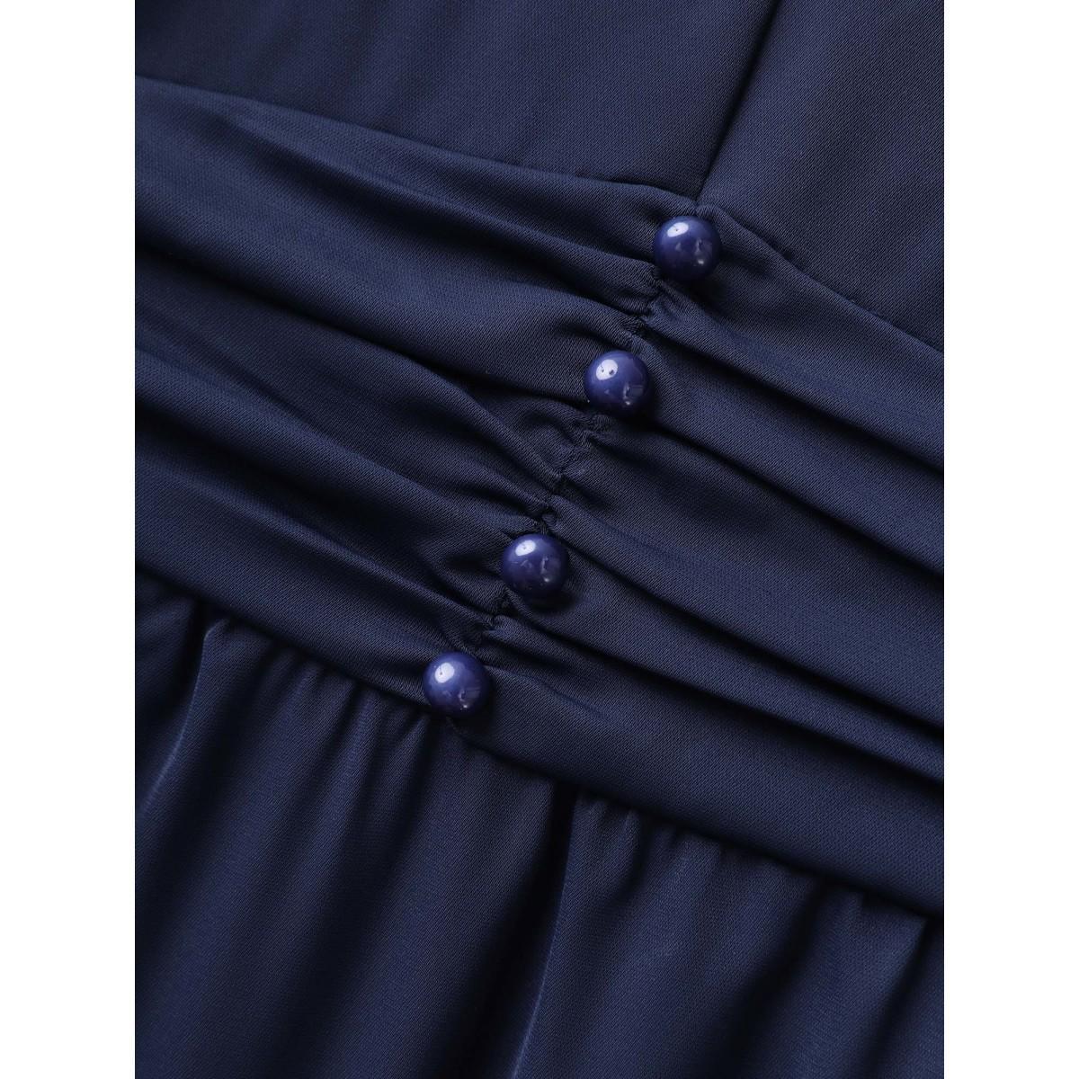 Plus Size Color Contrast Pleated Cinched Waist Midi Dress DarkBlue Women V-neck Short sleeve Curvy BloomChic 26/4X Product Image