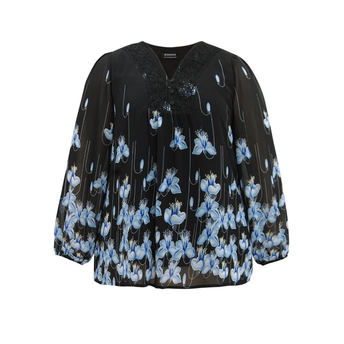 Plus Size BlackFlower Boho Print Lace Patchwork Mesh Button Up Blouse Women Elegant Long Sleeve V-neck Dailywear Blouses BloomChic 10/M Product Image