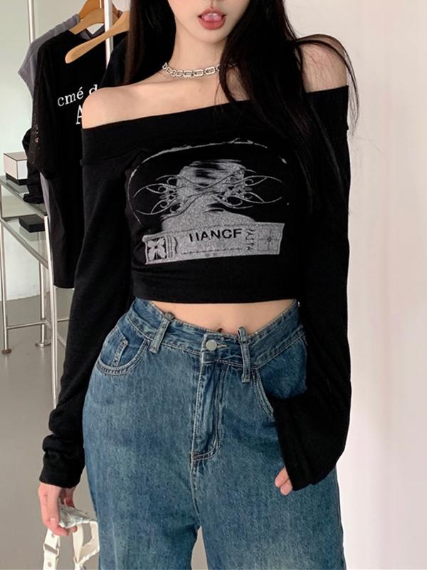 Abstract Print Off Shoulder Long Sleeve Tee Product Image
